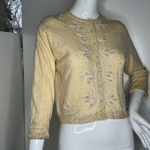 Moores Sz S Cashmere Beaded Vintage Cardigan Sweater Silk Lined Pearl Buttons